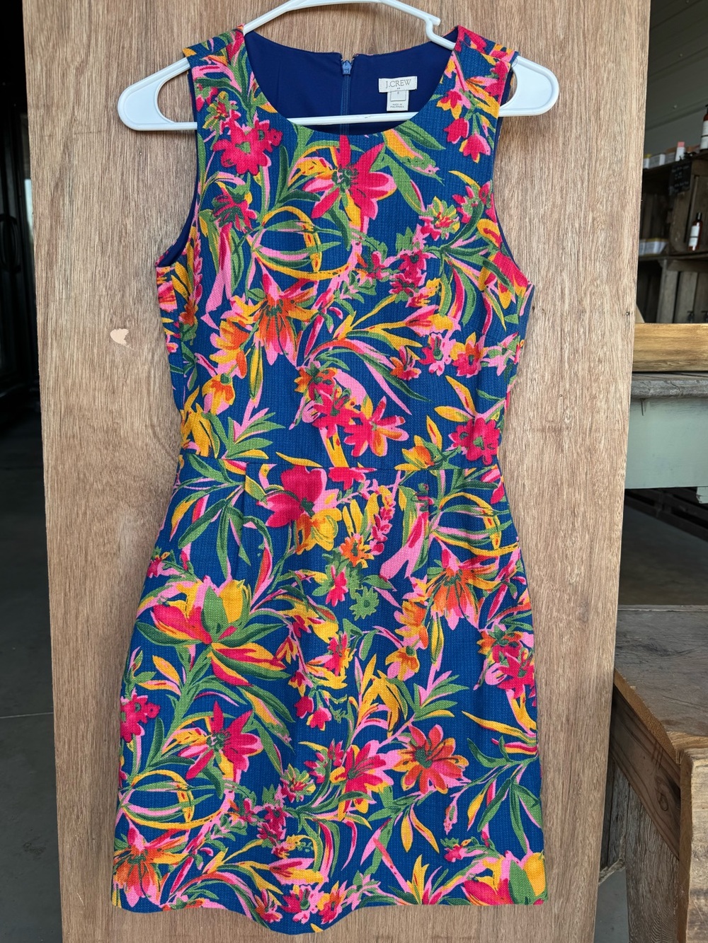 J. Crew Tropical Floral Sheath Dress in Navy with Pink & Orange Hawaiian Print